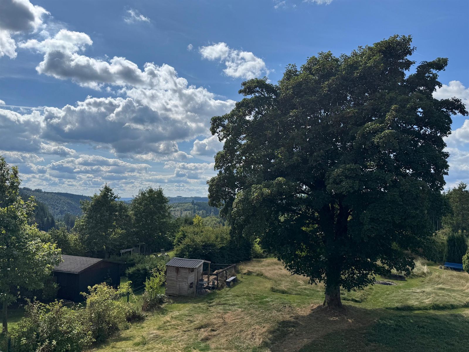Sommerlicher Blick über den Garten auf das Panorama des Rothaargebirges